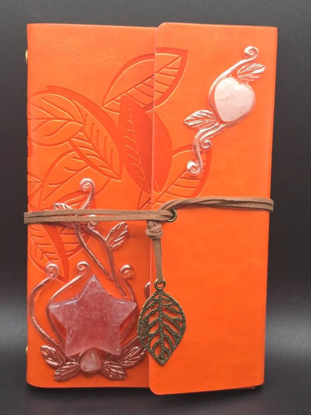 Orange Faux Leather Journal | Strawberry Quartz Star & Rose Quartz Tumble